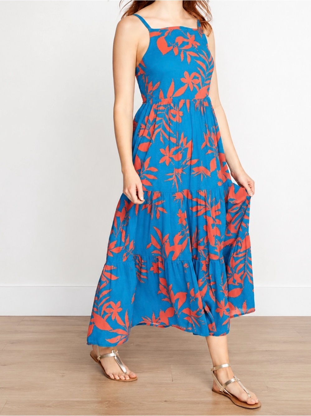 Old Navy Teal Maxi Dress with Red Floral Print